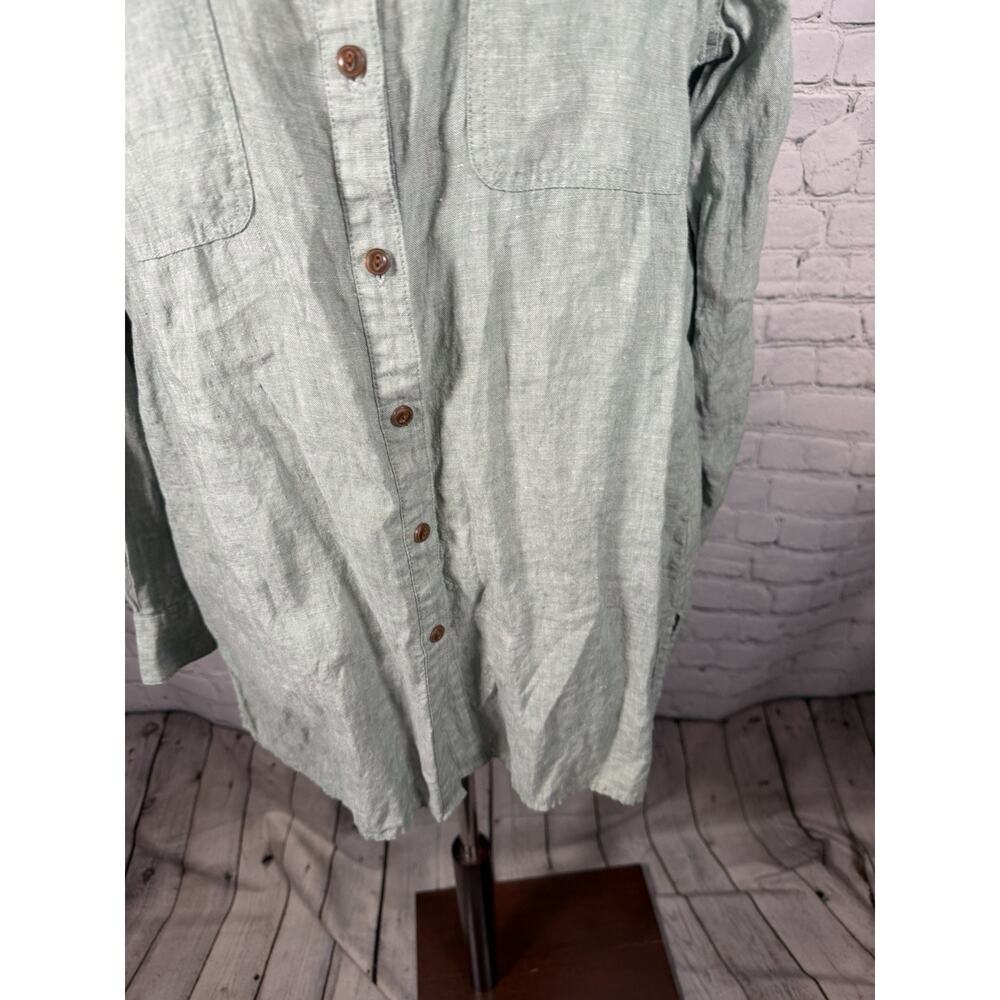 Land’s End Size Large Green Linen Long Sleeve Button Down Shirt Roll Tab - Picture 4 of 7